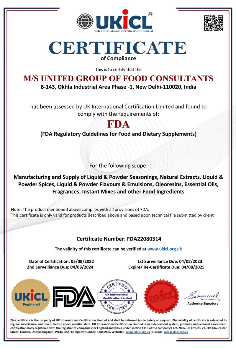 FDA Certified Company, United Group of Food Consultants, New Delhi, India