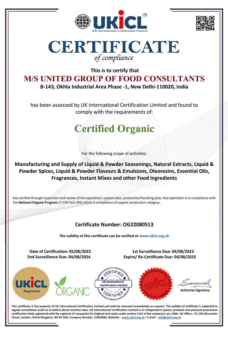 Organic Certified Company, United Group of Food Consultants, New Delhi, India