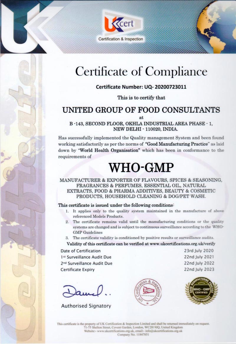 WHO-GMP Certified Company, United Group of Food Consultants, New Delhi, India
